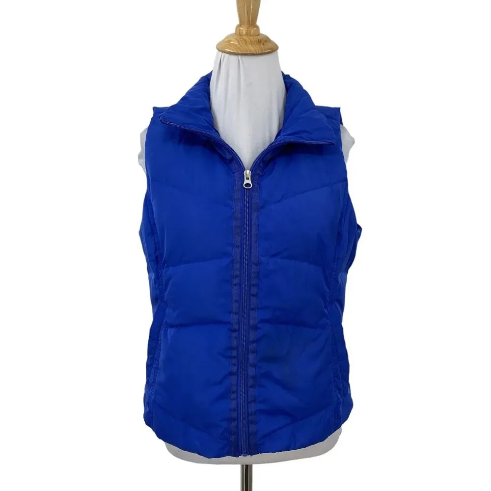 Lands End Down Puffer Vest Womens XS Extra Small Cobalt Blue Zip Up Snap Pockets